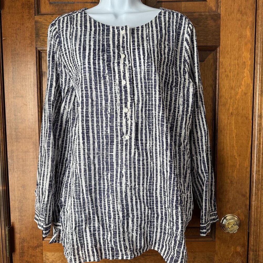 LOFT White & Navy Blue Long Sleeve Pullover Tunic w/Buttons Medium